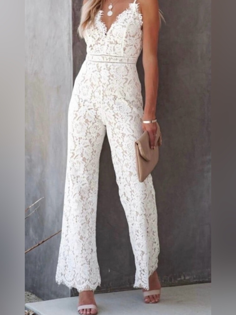 Aakaa White Lace V-Neck Wide-Leg Jumpsuit